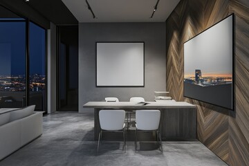 Modern, gray room with wooden paneling and large blank canvas art pieces