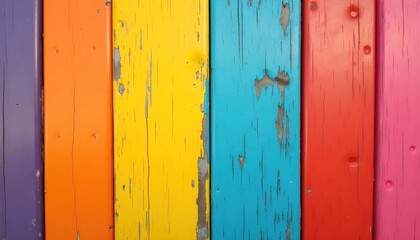 brightly painted wood planks with a red, yellow, green, and blue stripe,