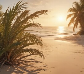 Golden hour light bathes a vintage-toned sandy beach, palm fronds sway in the gentle breeze ,  tropical scene,  sunrise
