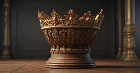 Gilded crown atop intricately carved wooden pedestal  Rich textures ,  detail,  wood,  prestige