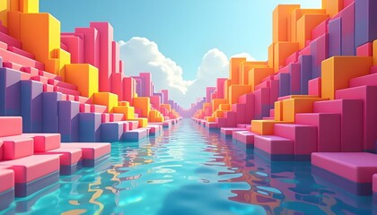 a brightly colored 3d rendering of a city with a rainbow of blocks,