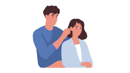 Fototapeta premium The image is a digital illustration depicting a young couple. The style is minimalist and flat, with muted color tones. The man is depicted with short brown hair and a blue long-sleeve shirt.