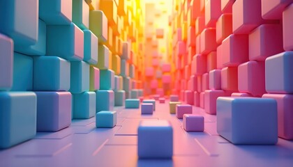 a brightly colored 3d rendering of a city with a rainbow of blocks,