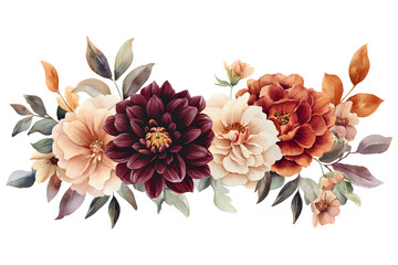 Elegant watercolor floral bouquet with burgundy and peach flowers isolated on transparent background