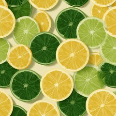Fototapeta premium A minimalist pattern of lemon and lime slices in a repeating tile-like design in vibrant yellow and green tones, perfect for packaging design backgrounds, prints, wall decoration or branding materials