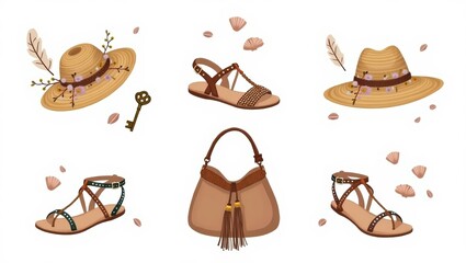 Stylish accessories and footwear set, featuring a straw hat, sandals, and a handbag.