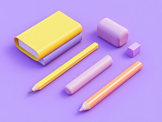 Colorful stationery set on a purple background