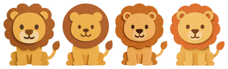 Fototapeta premium PNG Cute paper lions illustration, element set on transparent background