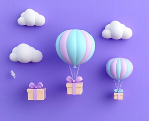 Pastel hot air balloons carrying gifts, floating amidst clouds on a purple background.  A playful, whimsical scene