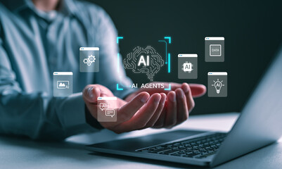 AI agents concept with multitasking digital tools. Man holding virtual icons of artificial intelligence features for automation, data processing, content generation, and smart digital operations.