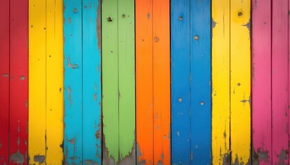 brightly painted wood planks with a red, yellow, green, and blue stripe,