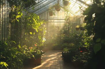 Gentle sunlight pouring through a greenhouse full of plants