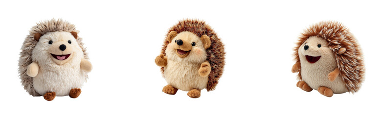 A full-body plushie of a smiling hedgehog with tiny feet and a round, spiky-looking back, posed on a transparant  background.