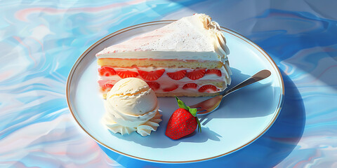 Whispers of Sweetness: A Strawberry Cream Cake Slice with Vanilla Ice Cream and Fresh Berry on a Pastel Plate of Delight
