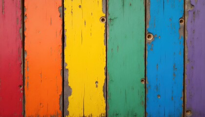 brightly painted wood planks with a red, yellow, green, and blue stripe,