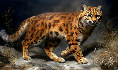 Obraz premium A golden-brown bobcat walks on rocks, surrounded by dry grasses, under a dark background