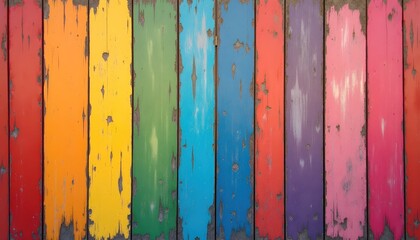 brightly painted wood planks with a red, yellow, green, and blue stripe,