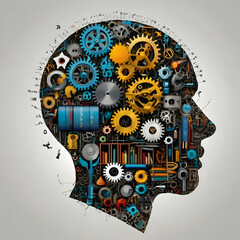 Creative mind with mechanical gears, Human brain with engineering concept, Abstract head filled with innovation, Technology and cognition visualization, Mental process in mechanical form.