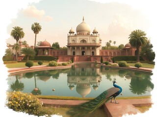 Obraz premium Majestic Peacock at the Iconic Taj Mahal Reflecting Pool in India