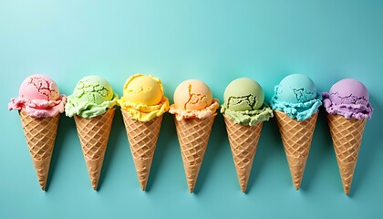 Sweet Symphony: An artistic array of vibrant ice cream cones arranged in a visually delightful composition, capturing the essence of summertime joy.