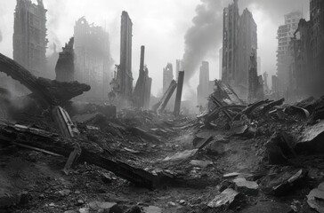 Grayscale concept of a ruined metropolis with twisted metal
