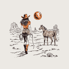 Cowgirl and Horses Desert Scene Retro
