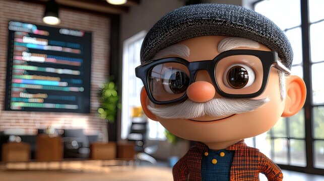 3D-render cartoon Asian elderly man wearing a cap and glasses, in modern tech office with code screens, ultra wide angle view with large head, copy space on the left