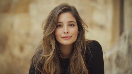 Obraz premium Young woman smiling with long hair against a textured background 