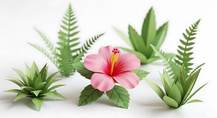 Hibiscus flower ferns plants papercraft tropical floral greenery botanical nature art decoration 99