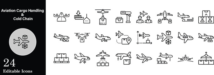Set of line icons representing aviation cargo handling cold chain and global transportation logistics services editable minimalist outline