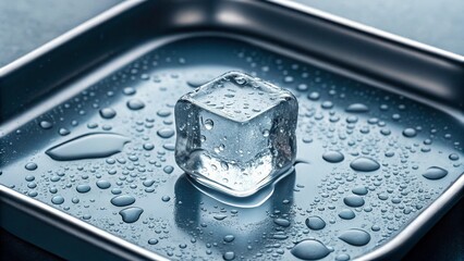 This close-up shot emphasizes the crystalline structure of a single ice cube, resting on a damp, reflective metal surface, beautifully showcasing the intricate details of frozen water and the science