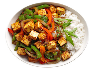 Colorful tofu stir-fry with rice bowl.