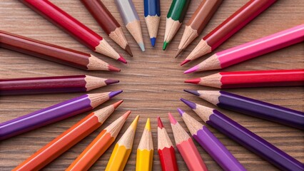 Fototapeta premium This overhead shot of a colorful pencil arrangement on wood highlights the essential tools for art and learning, evoking a sense of inspiration, unity, and the simple joy of artistic expression.