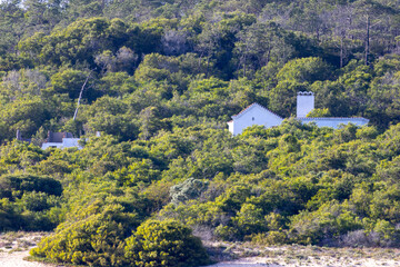 White house emerging from green foliage in albufeira lagoon, sesimbra, portugal