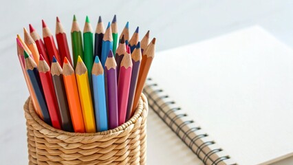 This inviting overhead shot features a cozy basket filled with colorful pencils next to an empty sketchbook, offering a sense of calm, focus, and readiness for a creative session