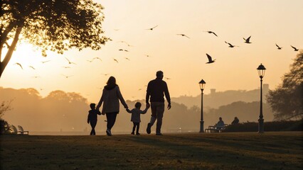 A serene silhouette of a family of four, including two parents and two young children, walking hand-in-hand through a park at sunset, with a flock of birds taking flight in the golden sky