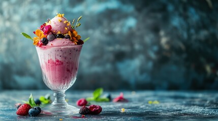 A beautifully styled dessert glass filled with pink ice cream or frozen yogurt, artfully topped with vibrant edible flowers, fresh berries (such as blueberries, raspberries, and blackberries).