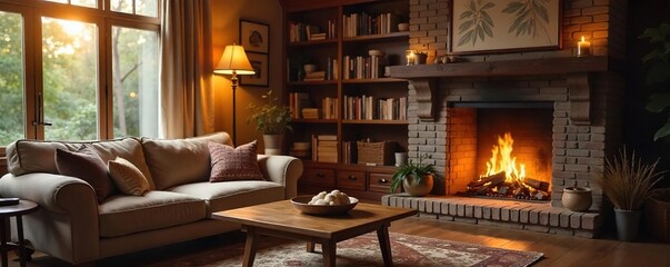 Warm, inviting living room scene with soft lighting, plush furniture, and a crackling fireplace  Perfect for home, comfort, relaxation, and family themes ,  homey,  plush furniture