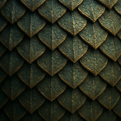 A high-resolution close-up of rounded dragon scales, arranged in an overlapping pattern with a rich, textured surface. The scales have a dark green hue with subtle bronze outlines, creating a realisti