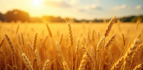 Fototapeta premium A bountiful harvest of golden wheat, oats, and barley in a sun-drenched field, celebrating the abundance of the autumn grain harvest A thankful reflection on nature's generosity , sunlight, cereal