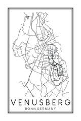 Hand drawn printable downtown road map poster of borough VENUSBERG of the German city of BONN on solid white background with city name