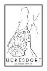 Hand drawn printable downtown road map poster of borough ÜCKESDORF of the German city of BONN on solid white background with city name