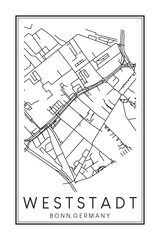Hand drawn printable downtown road map poster of borough WESTSTADT of the German city of BONN on solid white background with city name