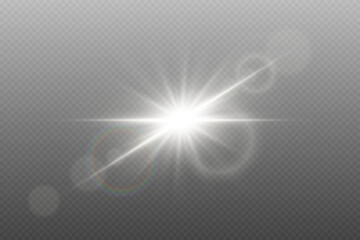 Bright white star light effect with glare. On transparent background.