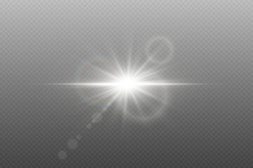 Bright white star light effect with glare. On transparent background.