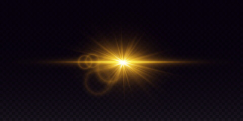 Bright golden light, sparkling with star glare and lens reflection. On a transparent background.