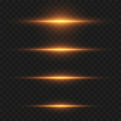 Glowing horizontal light beams with golden sparkles on transparent background for magic or sci-fi effects.