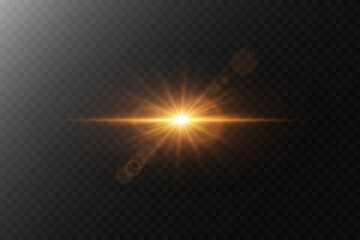 Bright golden light, sparkling with star glare and lens reflection. On a transparent background.