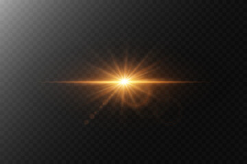 Bright golden light, sparkling with star glare and lens reflection. On a transparent background.