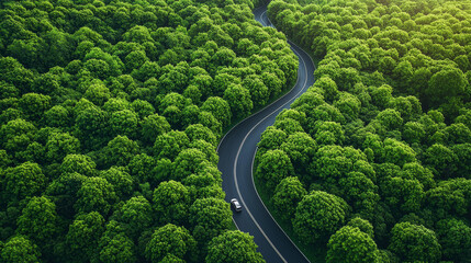 Drone shot of a car on a road and many trees around